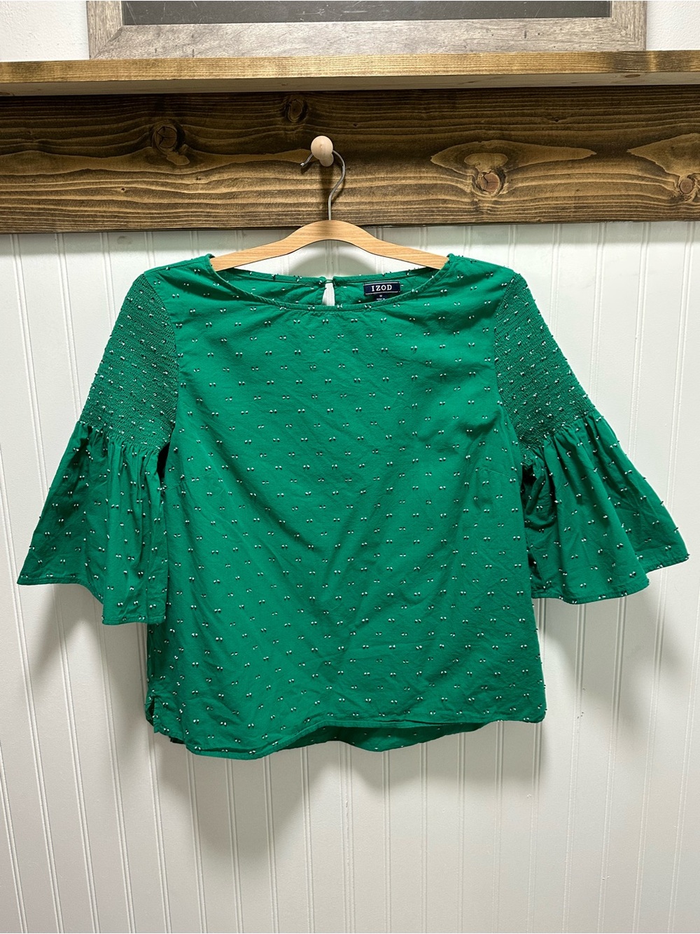 Izod Emerald Green Bell Sleeve Dot-Accent Blouse sz m 100% cotton